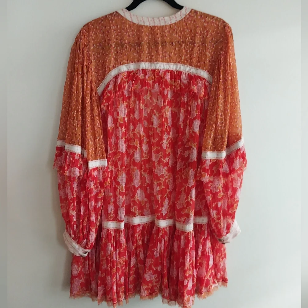 Free People Orange & Red Patchwork Floral Semi Sheer Boho Babydoll Tunic Dress